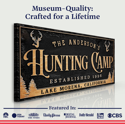 Personalized Family Hunting Camp Sign on canvas with black texture and gold lettering on Tampa Home & Garden Store