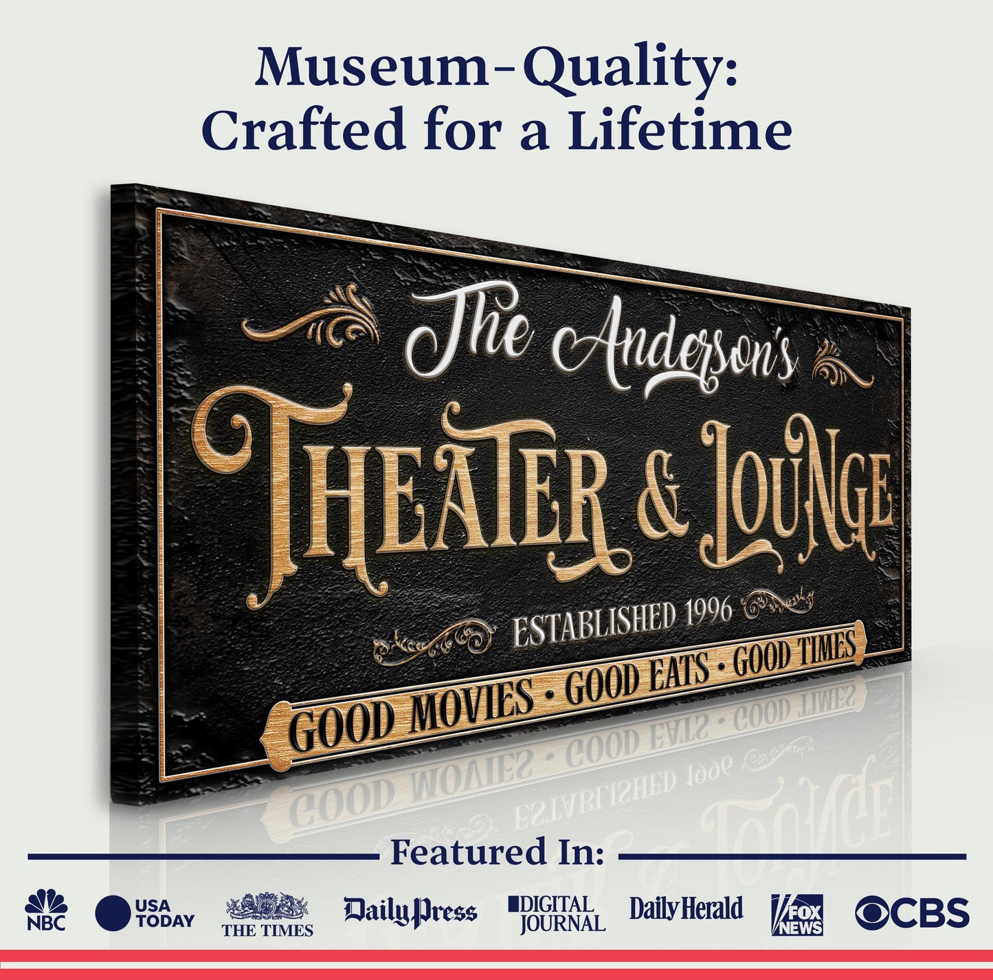 Family Theater And Lounge Sign VI canvas by Tailored Canvases, black textured backdrop with gold on Tampa Home & Garden Store