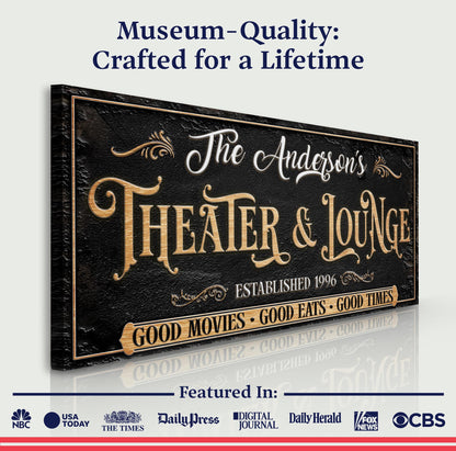 Family Theater And Lounge Sign VI canvas by Tailored Canvases, black textured backdrop with gold on Tampa Home & Garden Store