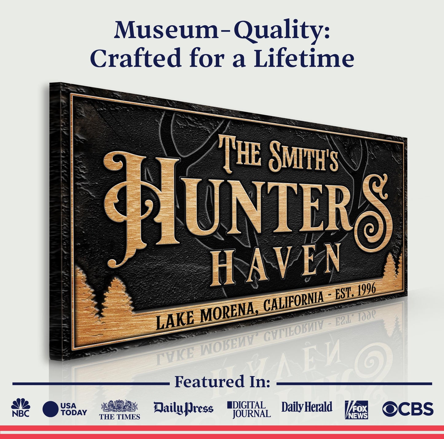 Personalized Hunters Haven Family Sign canvas with black textured background and gold lettering on Tampa Home & Garden Store