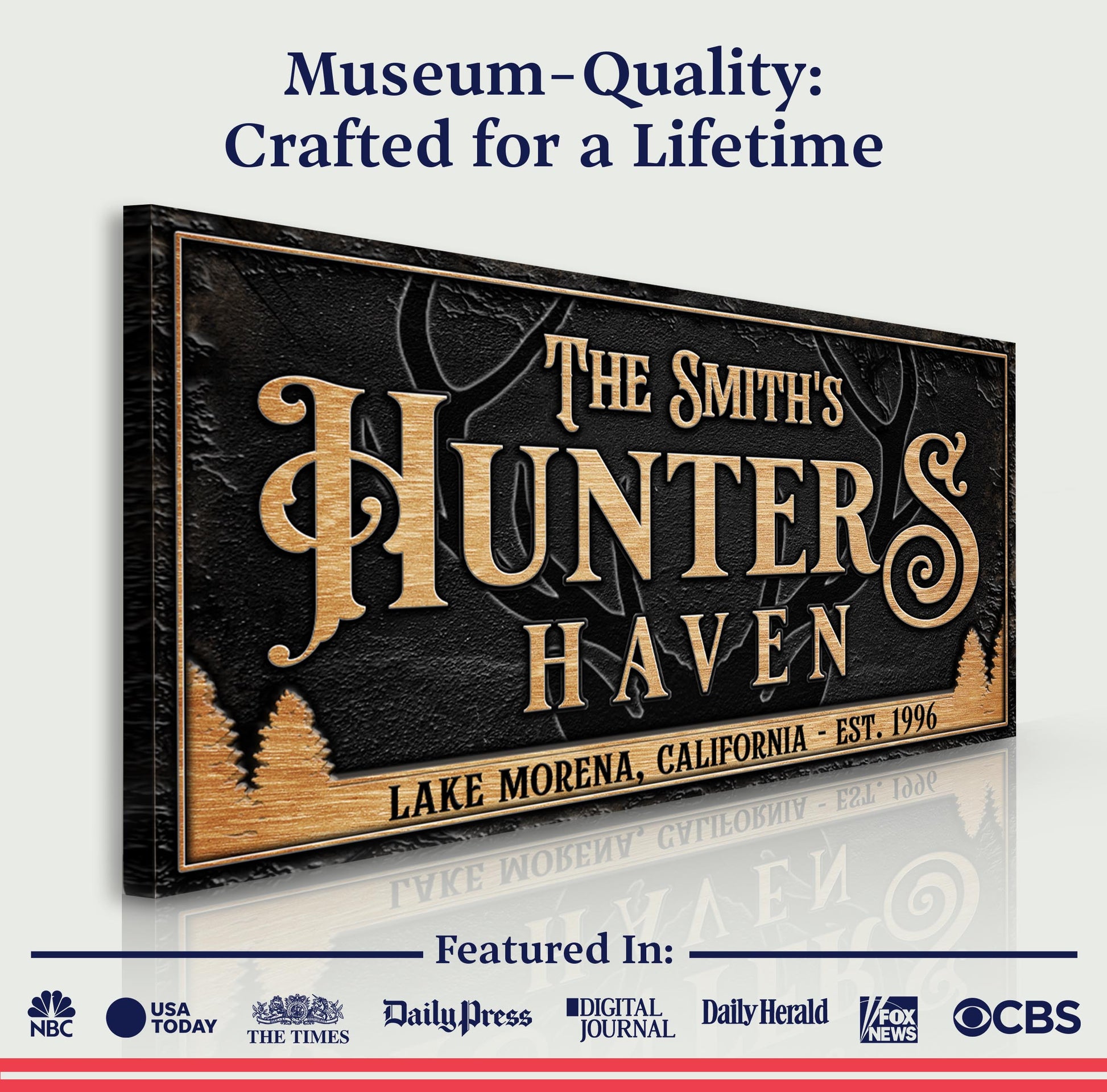 Personalized Hunters Haven Family Sign canvas with black textured background and gold lettering on Tampa Home & Garden Store