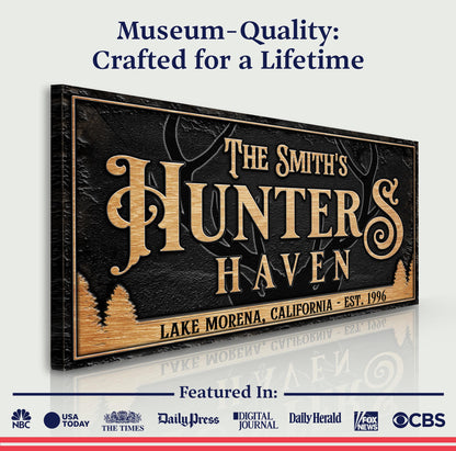 Personalized Hunters Haven Family Sign canvas with black textured background and gold lettering on Tampa Home & Garden Store
