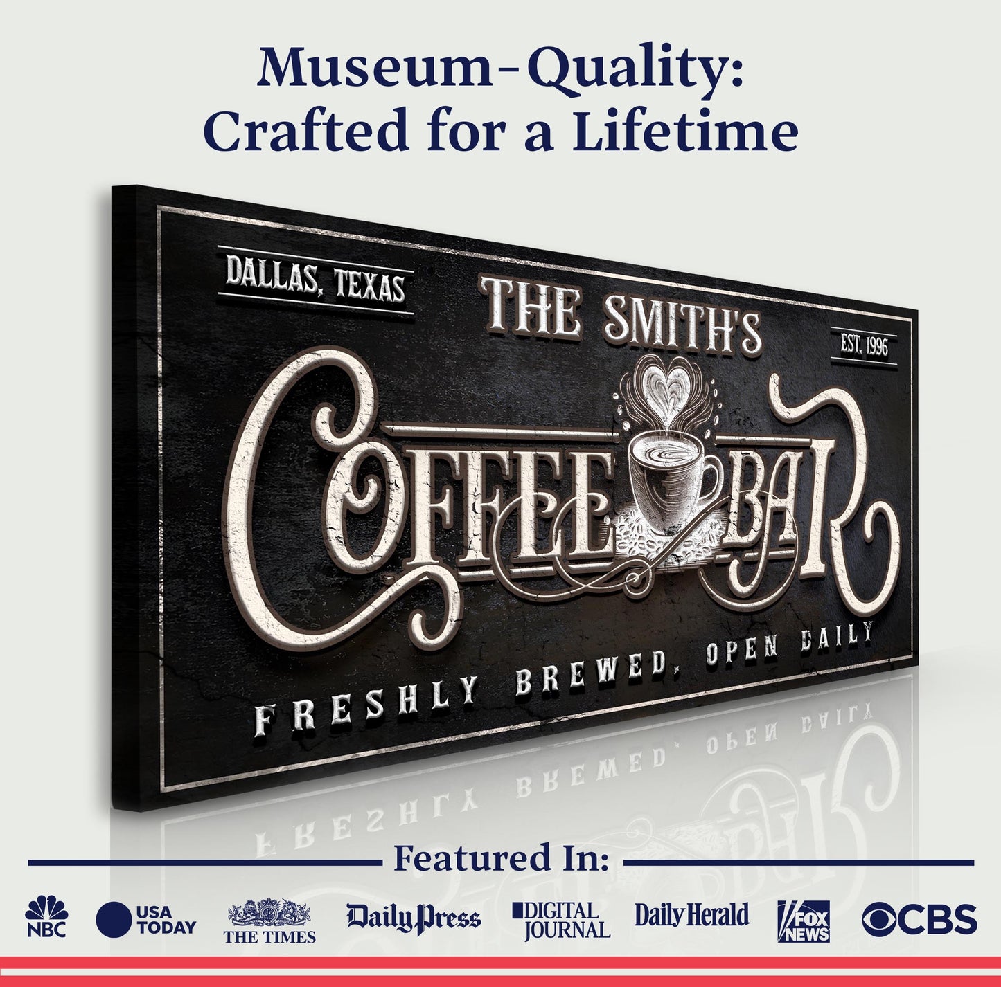 Personalized Coffee Bar Sign canvas by Tailored Canvases; black canvas with ornate type on Tampa Home & Garden Store