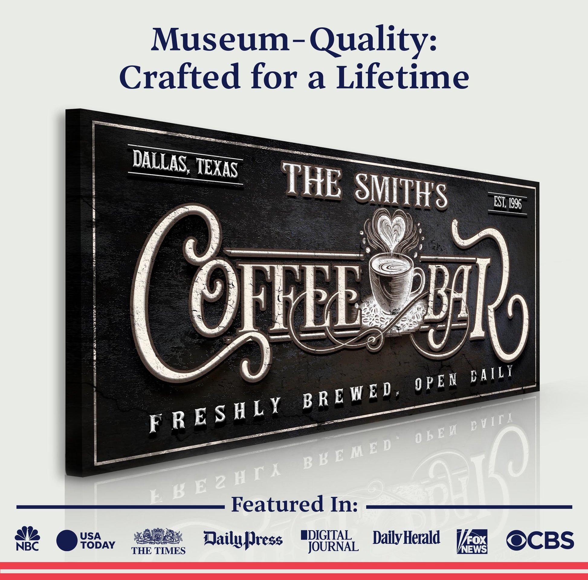 Personalized Coffee Bar Sign canvas by Tailored Canvases; black canvas with ornate type on Tampa Home & Garden Store