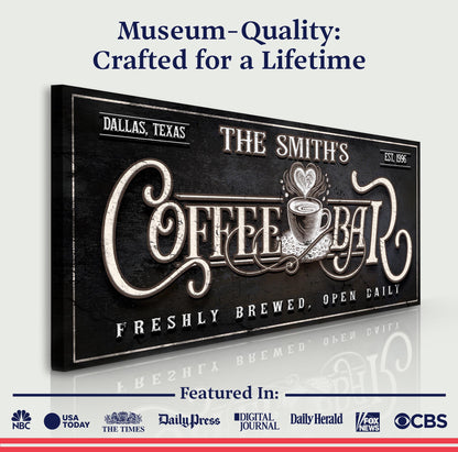 Personalized Coffee Bar Sign canvas by Tailored Canvases; black canvas with ornate type on Tampa Home & Garden Store