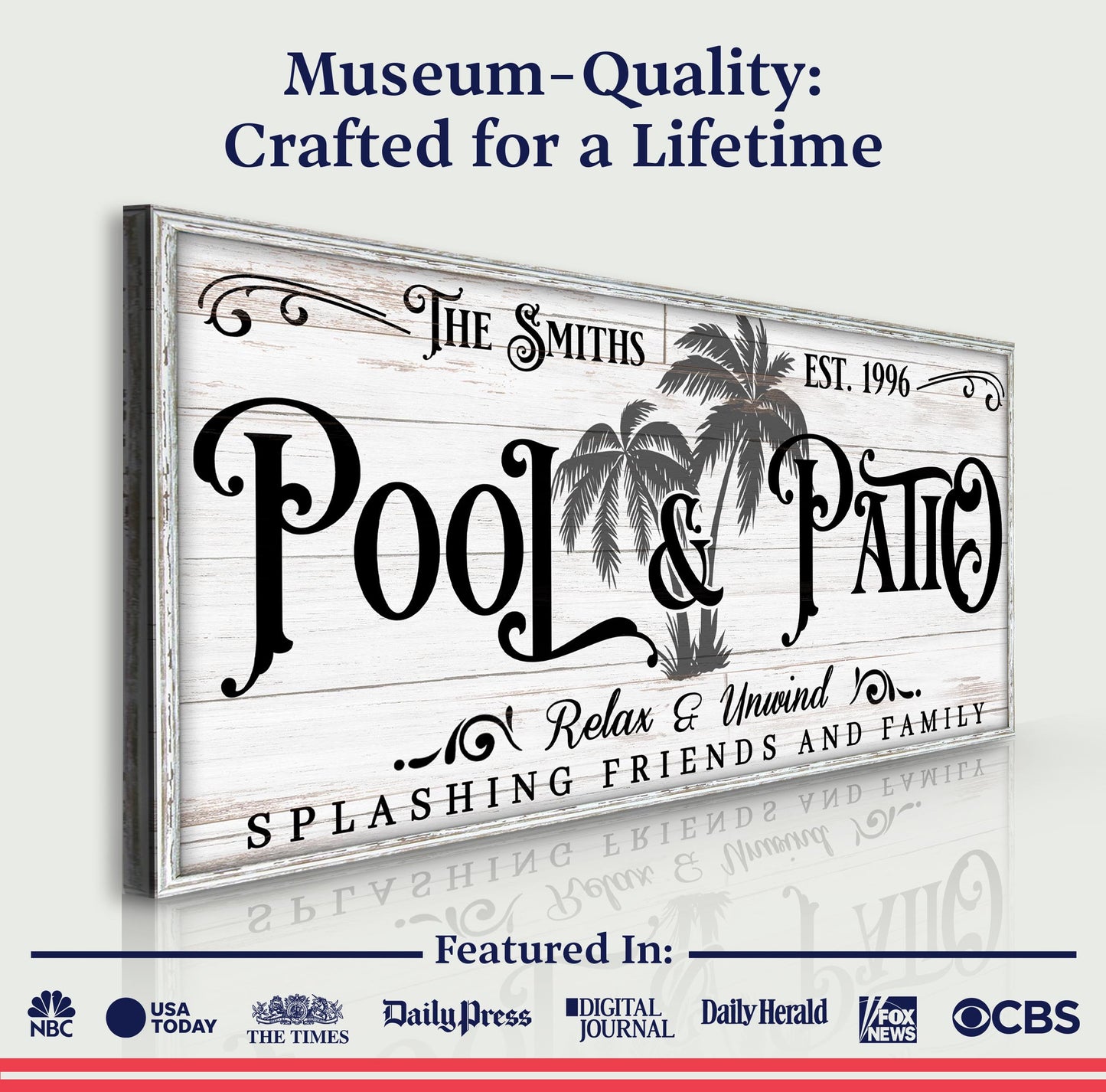 Canvas sign personalized Pool & Patio Sign VI by Tailored Canvases with rustic wood and palms on Tampa Home & Garden Store