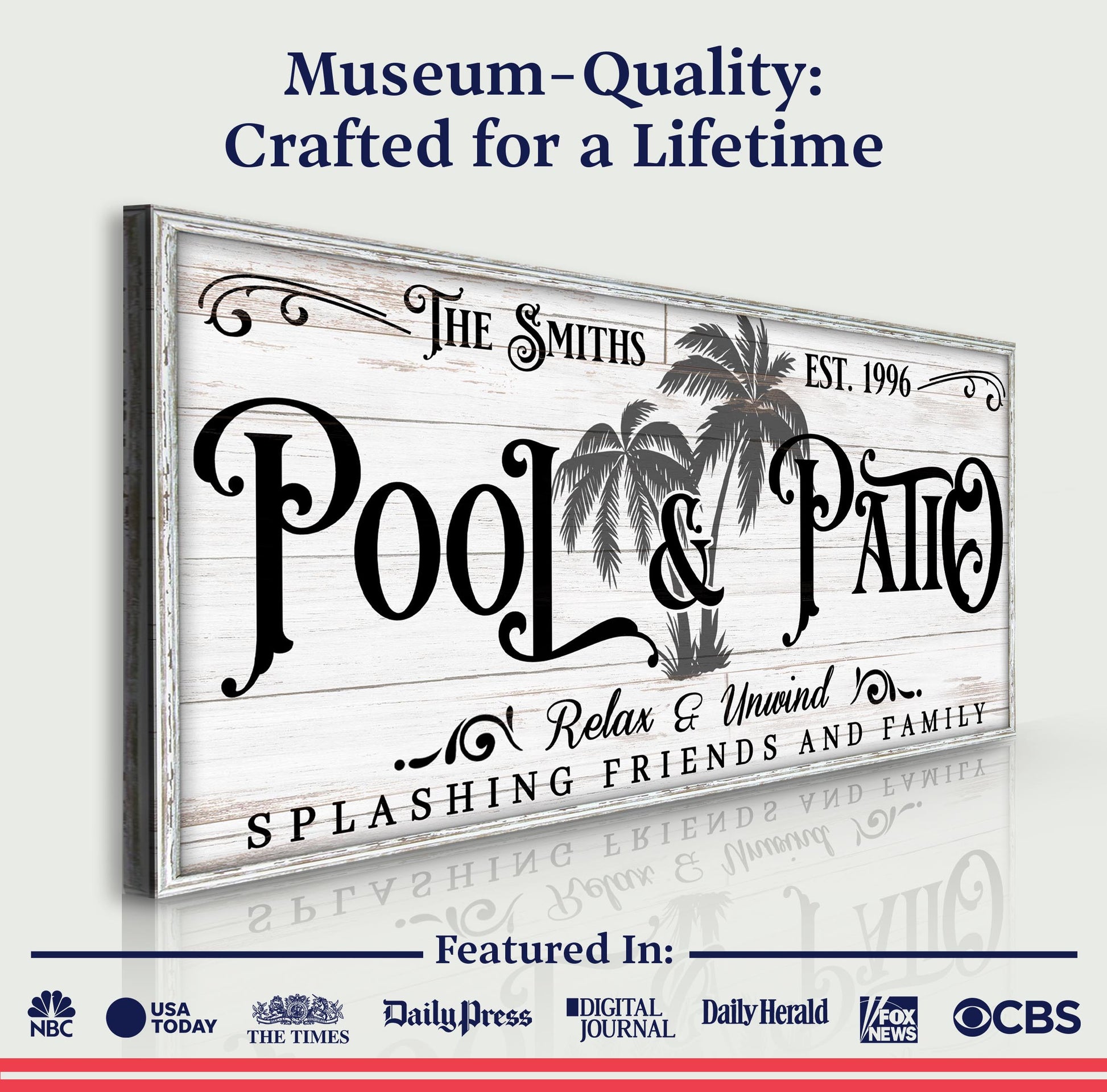 Canvas sign personalized Pool & Patio Sign VI by Tailored Canvases with rustic wood and palms on Tampa Home & Garden Store