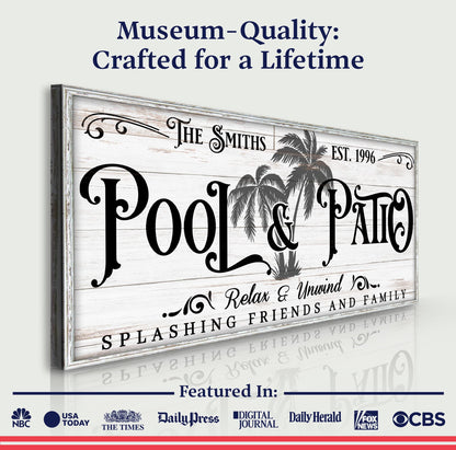 Canvas sign personalized Pool & Patio Sign VI by Tailored Canvases with rustic wood and palms on Tampa Home & Garden Store