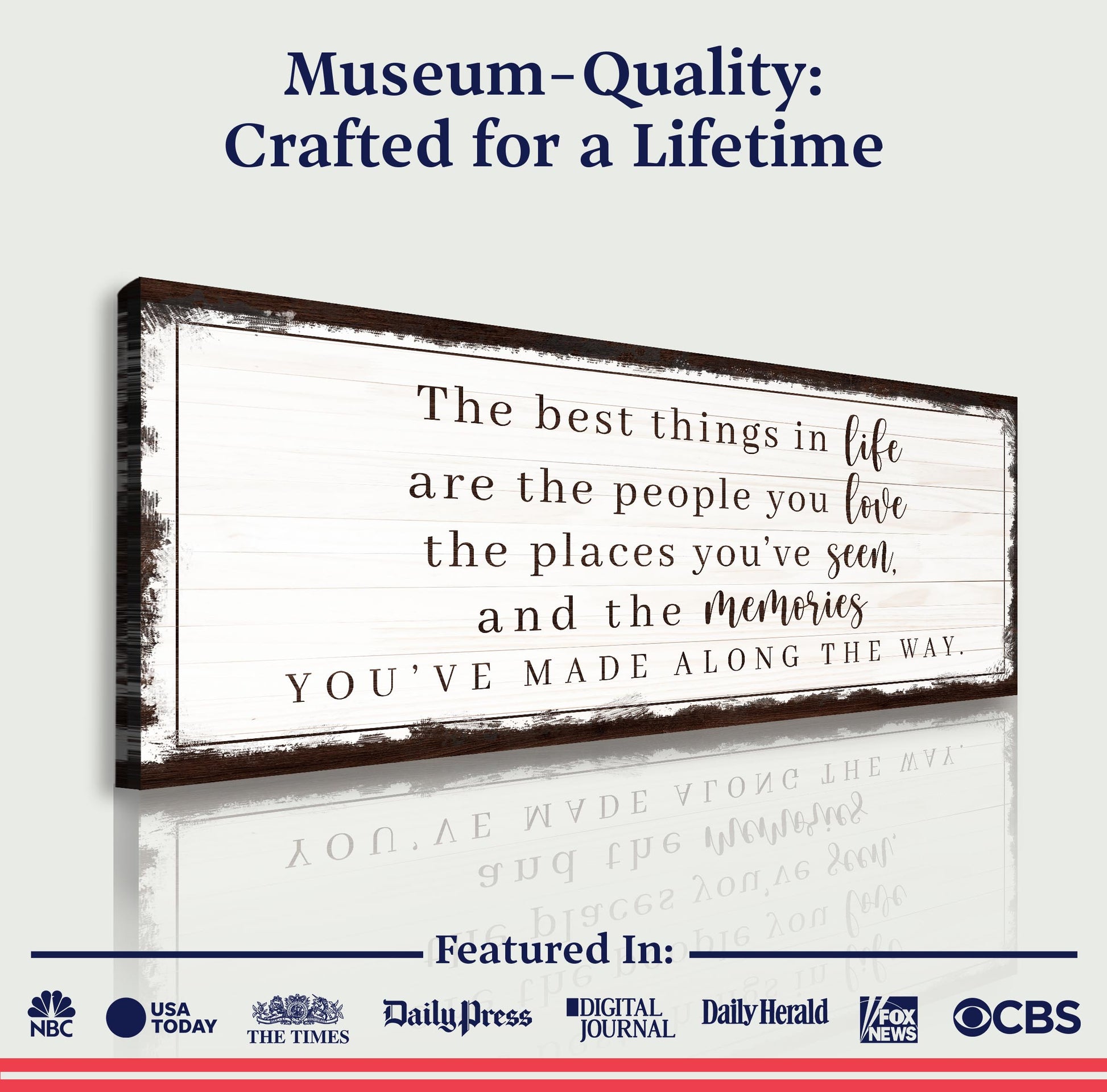 The Best Things In Life Sign VII canvas by Tailored Canvases; cream background, dark wood frame on Tampa Home & Garden Store