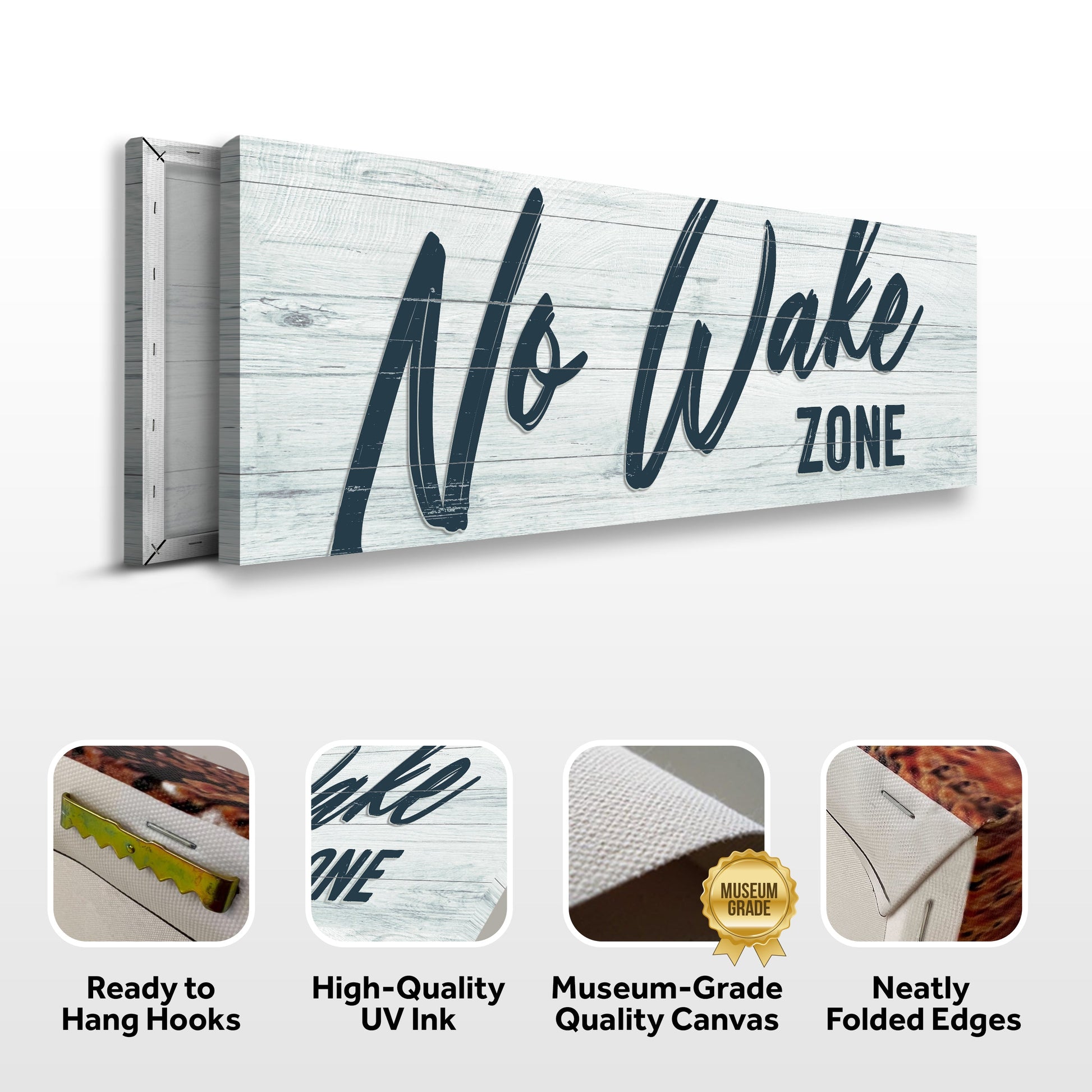 Canvas No Wake Zone sign XVI by Tailored Canvases on weathered white wood backdrop on Tampa Home & Garden Store