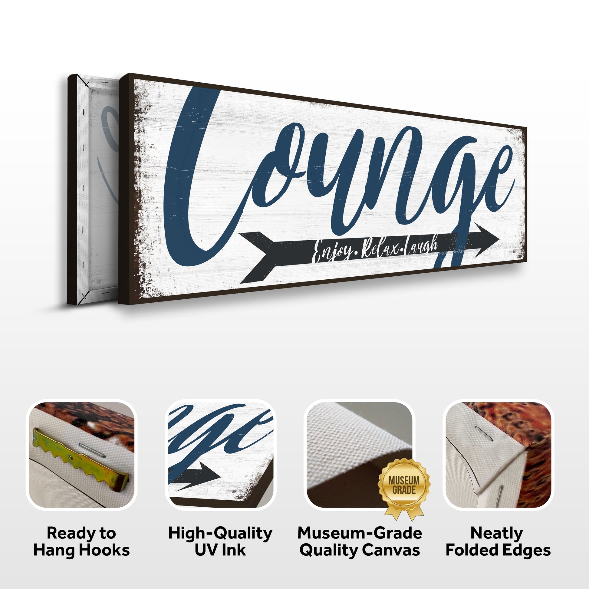 Enjoy Relax Laugh Lounge Sign Canvas by Tailored Canvases with blue script on wood on Tampa Home & Garden Store