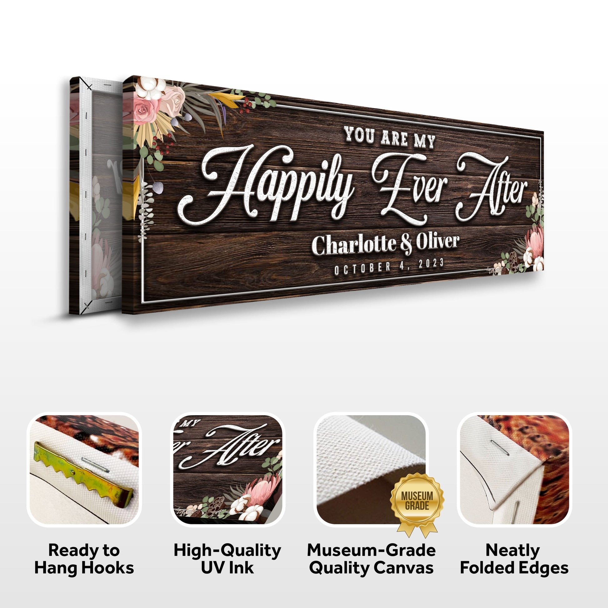 Personalized Happily Ever After canvas sign with floral accents Tailored Canvases on Tampa Home & Garden Store