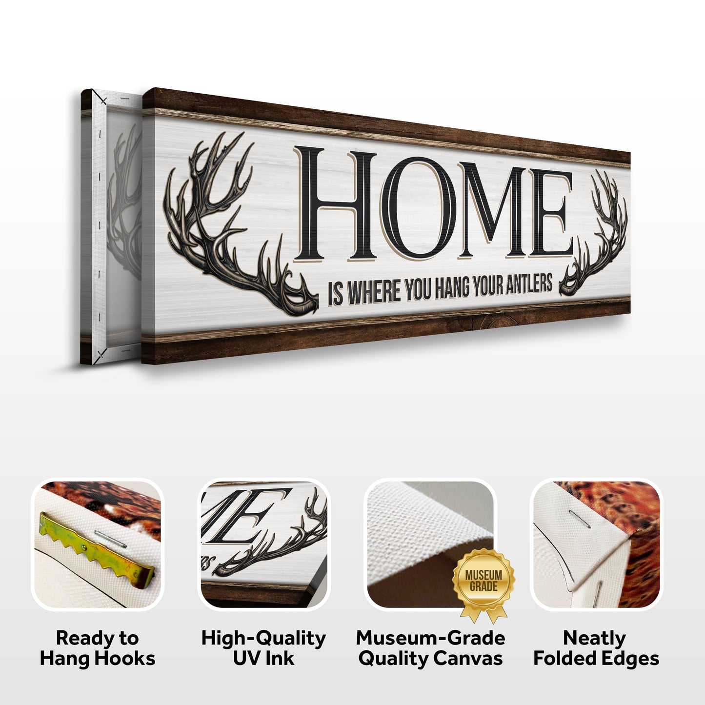 Home Is Where You Hang Your Antlers Sign canvas whitewashed plank antler art on Tampa Home & Garden Store