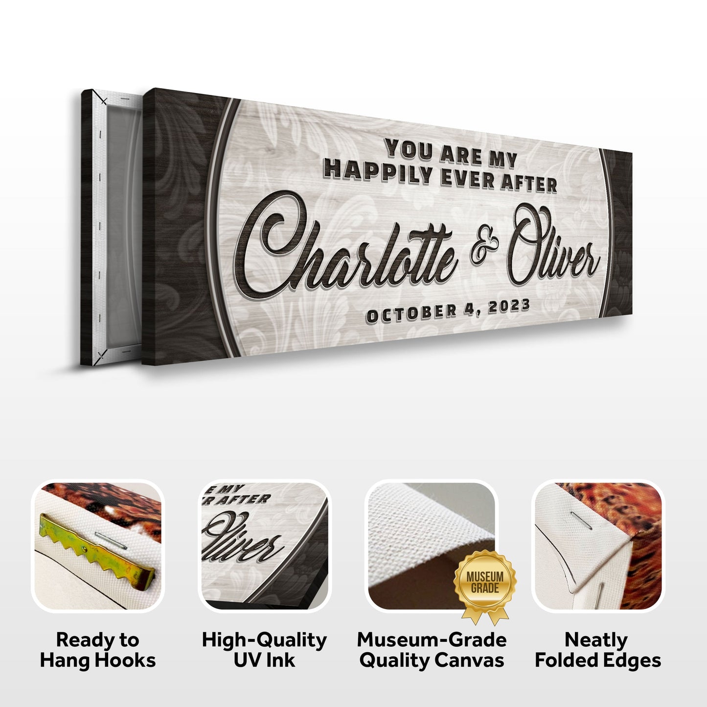 Personalized Happily Ever After Couple Sign III canvas on a dark wood frame with light background and script names Charlotte & Oliver Tailored Canvases on Tampa Home & Garden Store