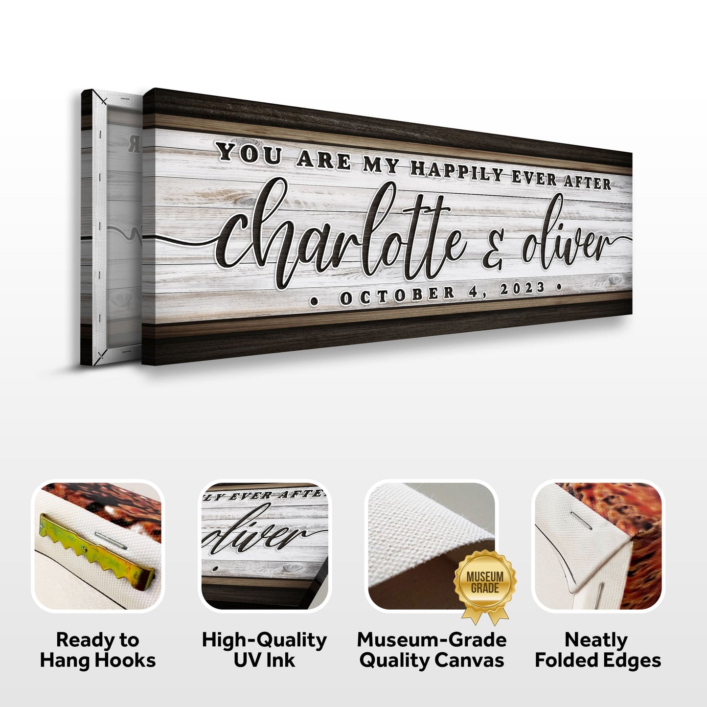 Personalized Happily Ever After Couple Sign II canvas with whitewashed wood backdrop and scripted lettering on Tampa Home & Garden Store