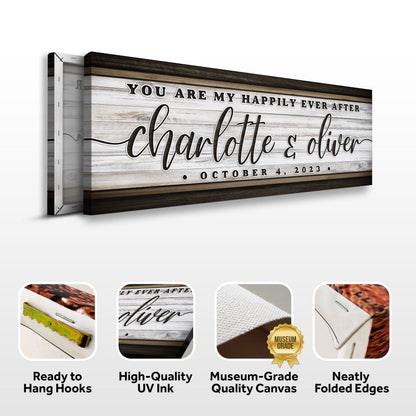 Personalized Happily Ever After Couple Sign II canvas with whitewashed wood backdrop and scripted lettering on Tampa Home & Garden Store