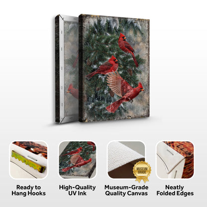 Vintage Cardinal Christmas Wall Art II canvas by Tailored Canvases featuring red cardinals on snow-dusted pine on Tampa Home & Garden Store