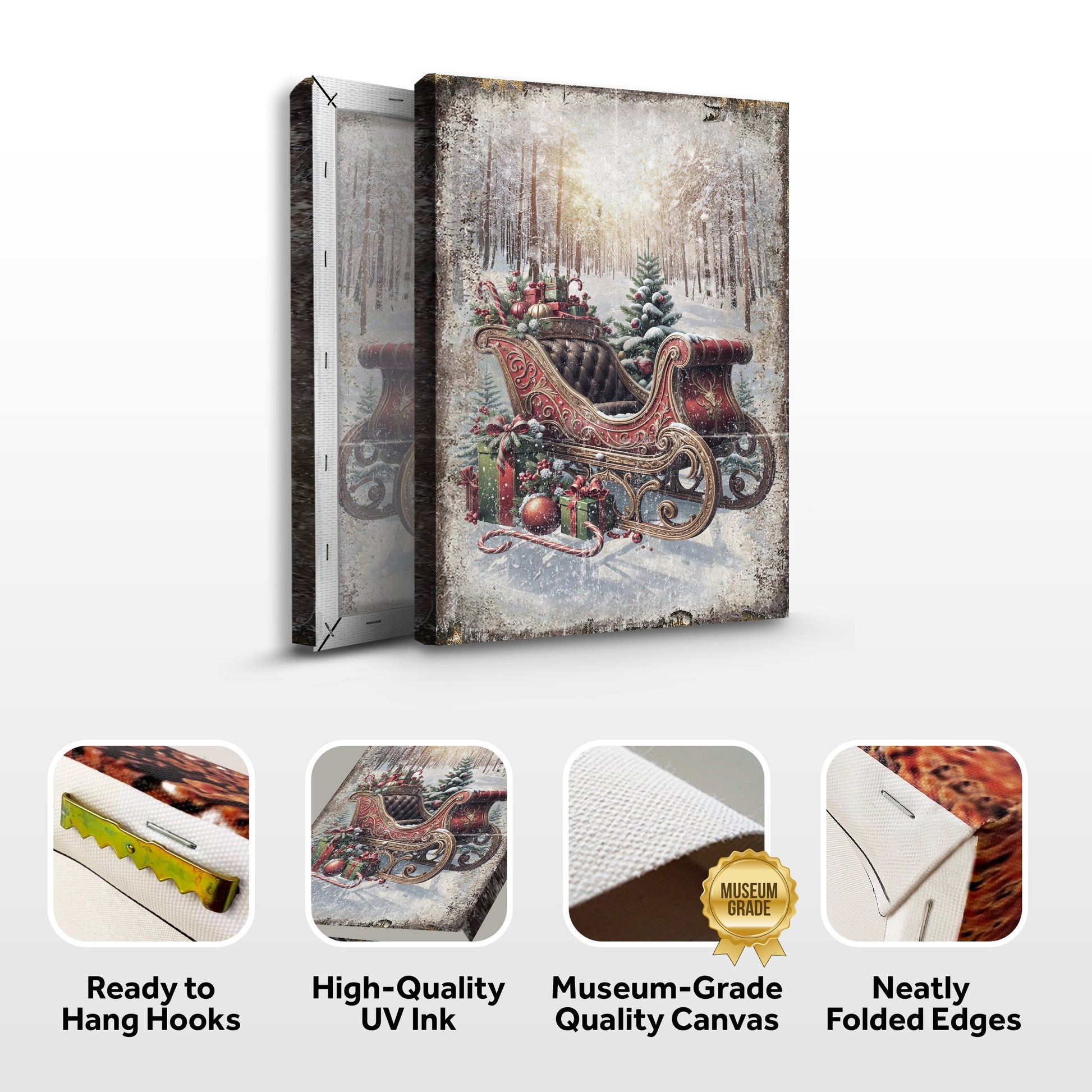 Canvas Vintage Christmas Sleigh Sled by Tailored Canvases in a snowy forest with gifts on Tampa Home & Garden Store