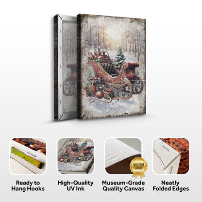 Canvas Vintage Christmas Sleigh Sled by Tailored Canvases in a snowy forest with gifts on Tampa Home & Garden Store