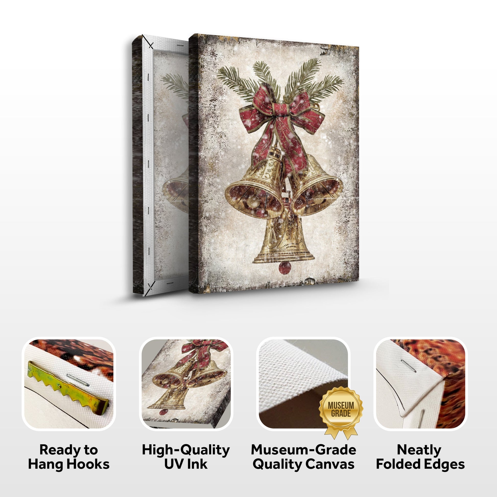 Vintage Christmas Bells wall art canvas with gold bells and red bow by Tailored Canvases on Tampa Home & Garden Store