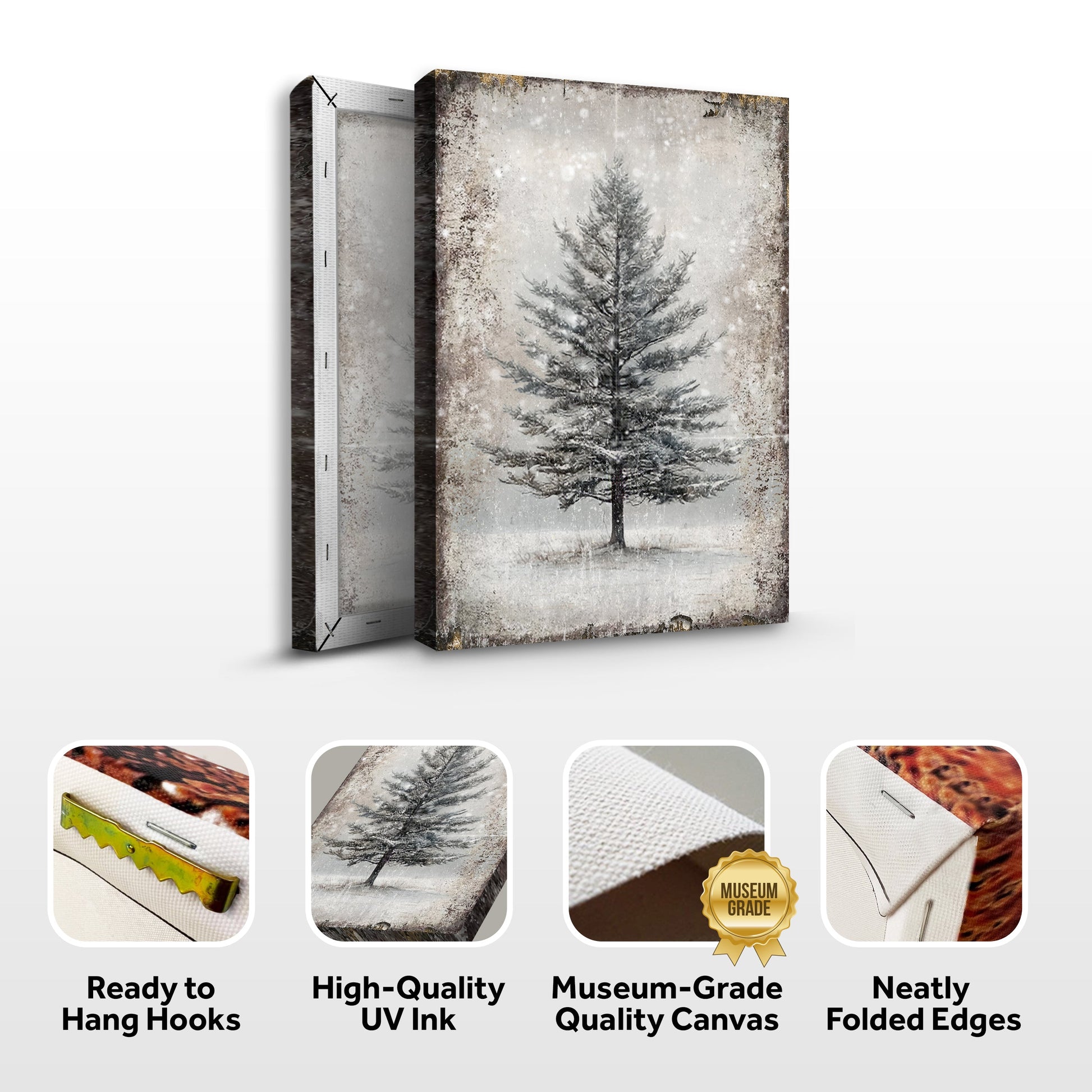 Vintage Christmas Tree IX canvas by Tailored Canvases with snowy scene and distressed edges on Tampa Home & Garden Store