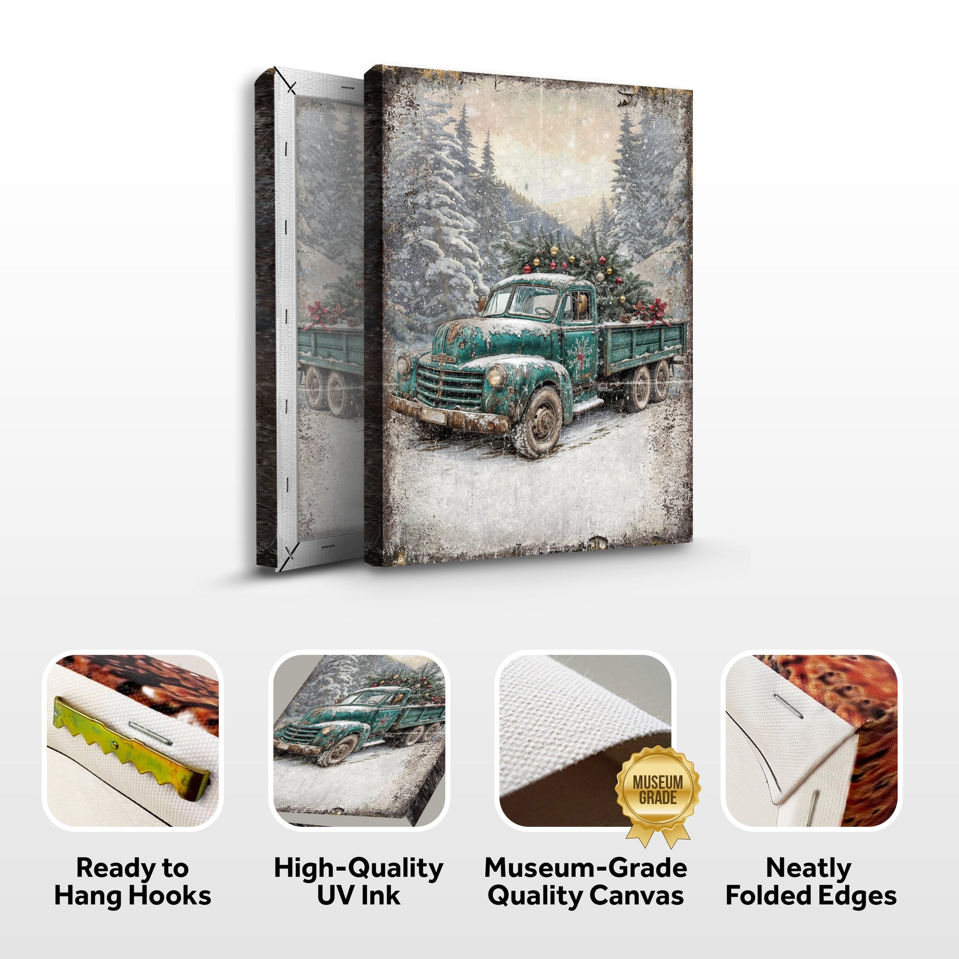 Vintage Truck With Christmas Tree wall art on canvas, rustic teal pickup in snowy forest scene on Tampa Home & Garden Store