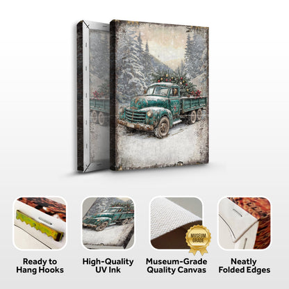 Vintage Truck With Christmas Tree wall art on canvas, rustic teal pickup in snowy forest scene on Tampa Home & Garden Store