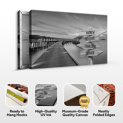 Family Names Monochrome Ocean Dock Sign canvas by Tailored Canvases with wooden signs on a pier on Tampa Home & Garden Store