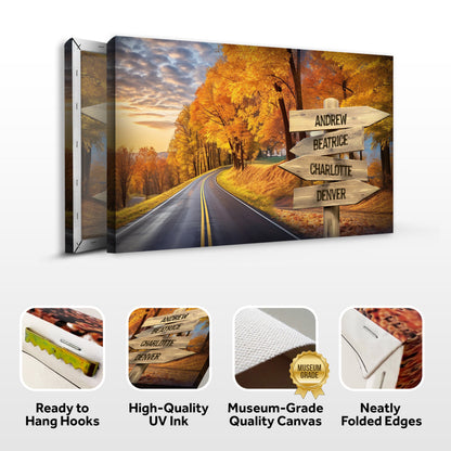 Family Names Autumn Road Sign canvas by Tailored Canvases, wooden signposts listing names on Tampa Home & Garden Store