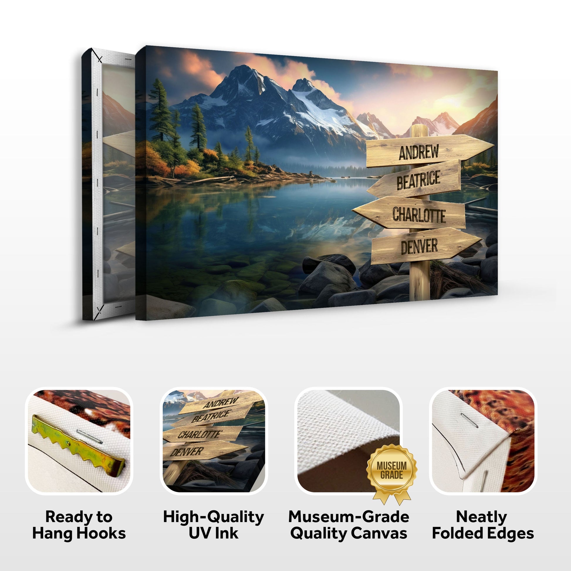 Mountain Sunrise Family Names Sign canvas with signposts Andrew Beatrice Charlotte Denver on Tampa Home & Garden Store