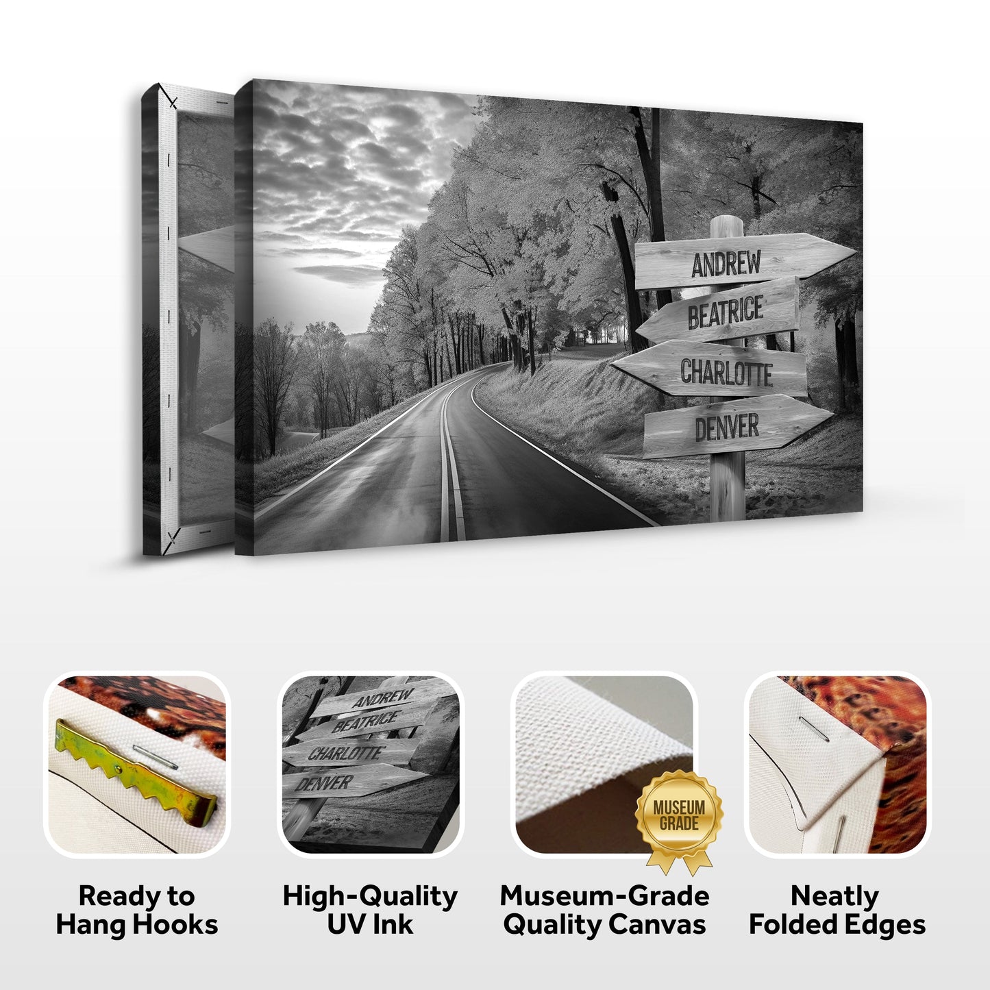 Family Names Monochrome Autumn Roads Sign canvas Tailored Canvases; black-and-white signpost on Tampa Home & Garden Store