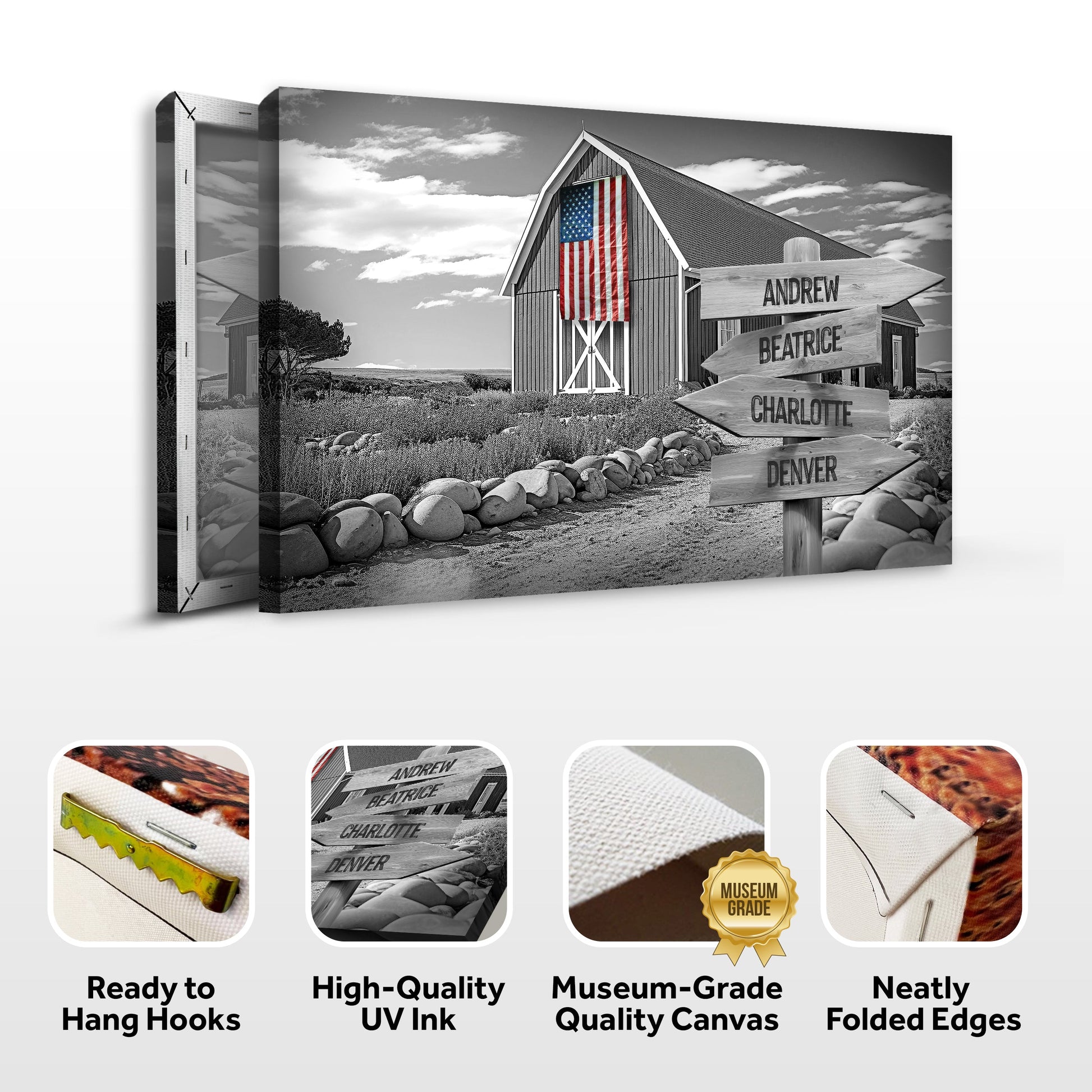 Family Names American Barn Sign canvas Tailored Canvases; rustic barn with flag and name signs on Tampa Home & Garden Store