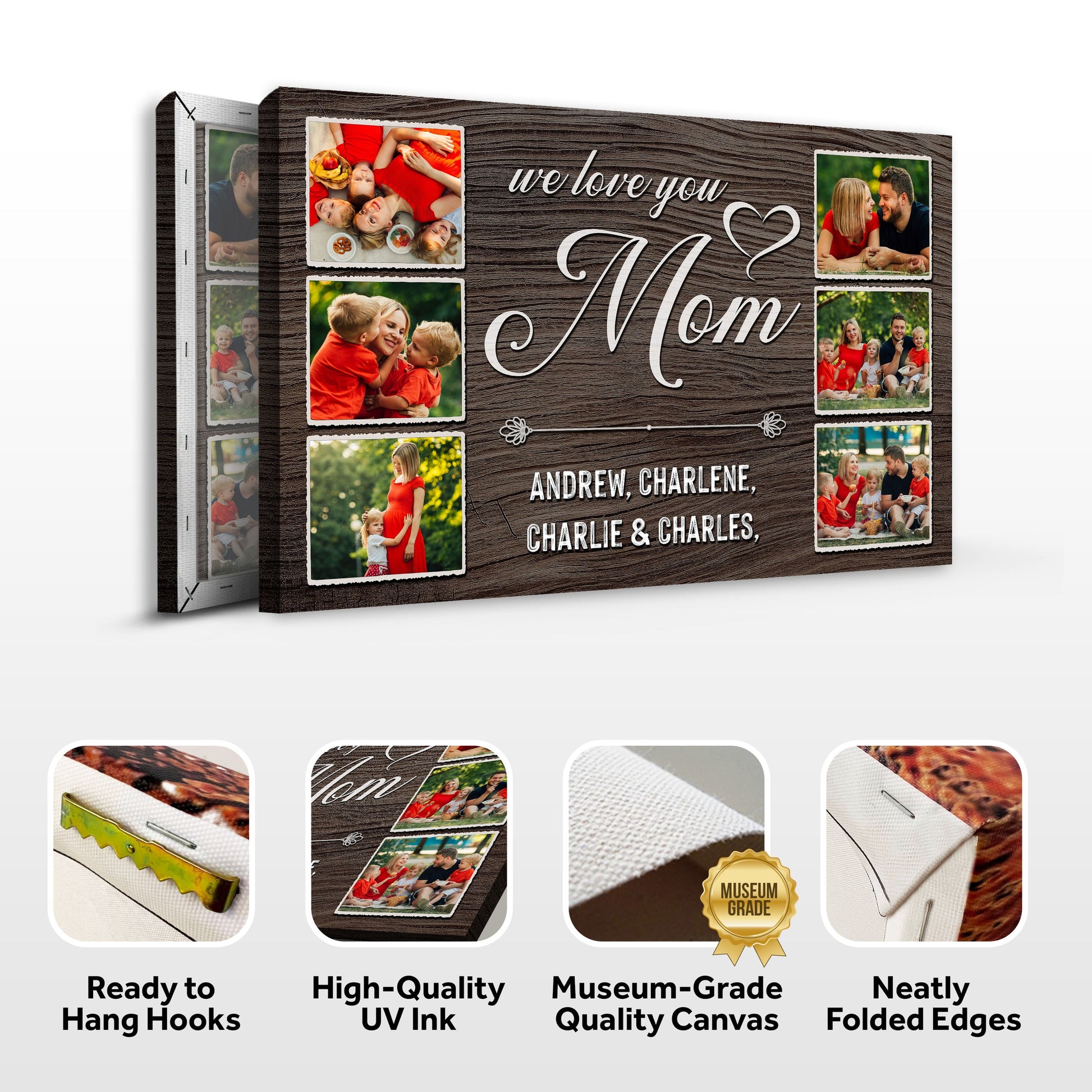 Mother's Day Sign We Love You Mom canvas with wood finish and photo collage by Tailored Canvases on Tampa Home & Garden Store