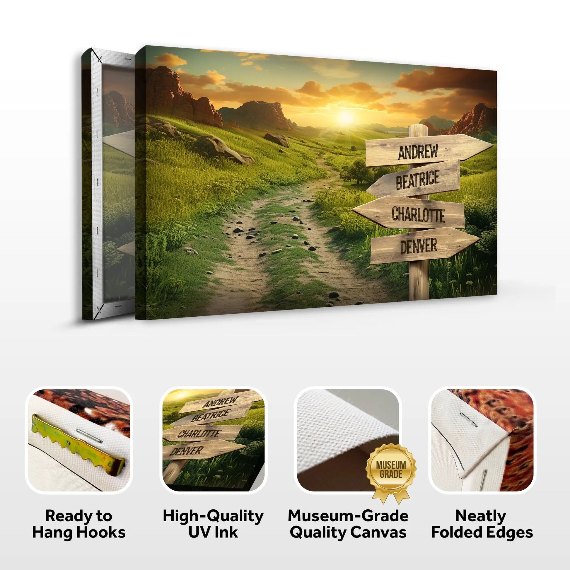 Canvas Winding Road Family Names Sign by Tailored Canvases with wooden signpost and sunset on Tampa Home & Garden Store