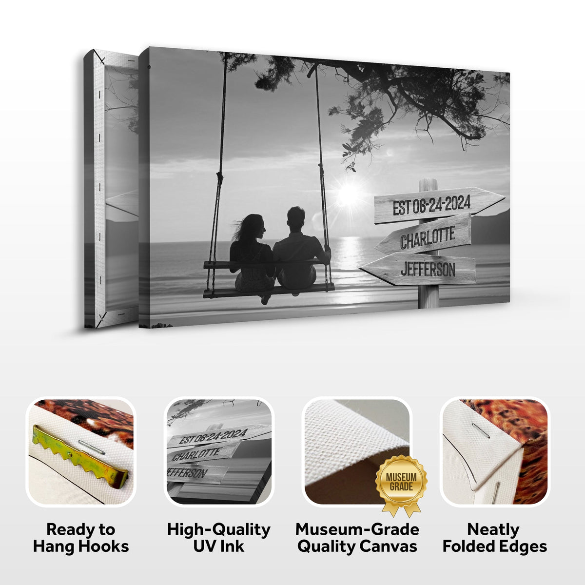 Romantic Swing Family Names Sign Canvas black and white couple on seaside swing EST 06-24-2024 on Tampa Home & Garden Store