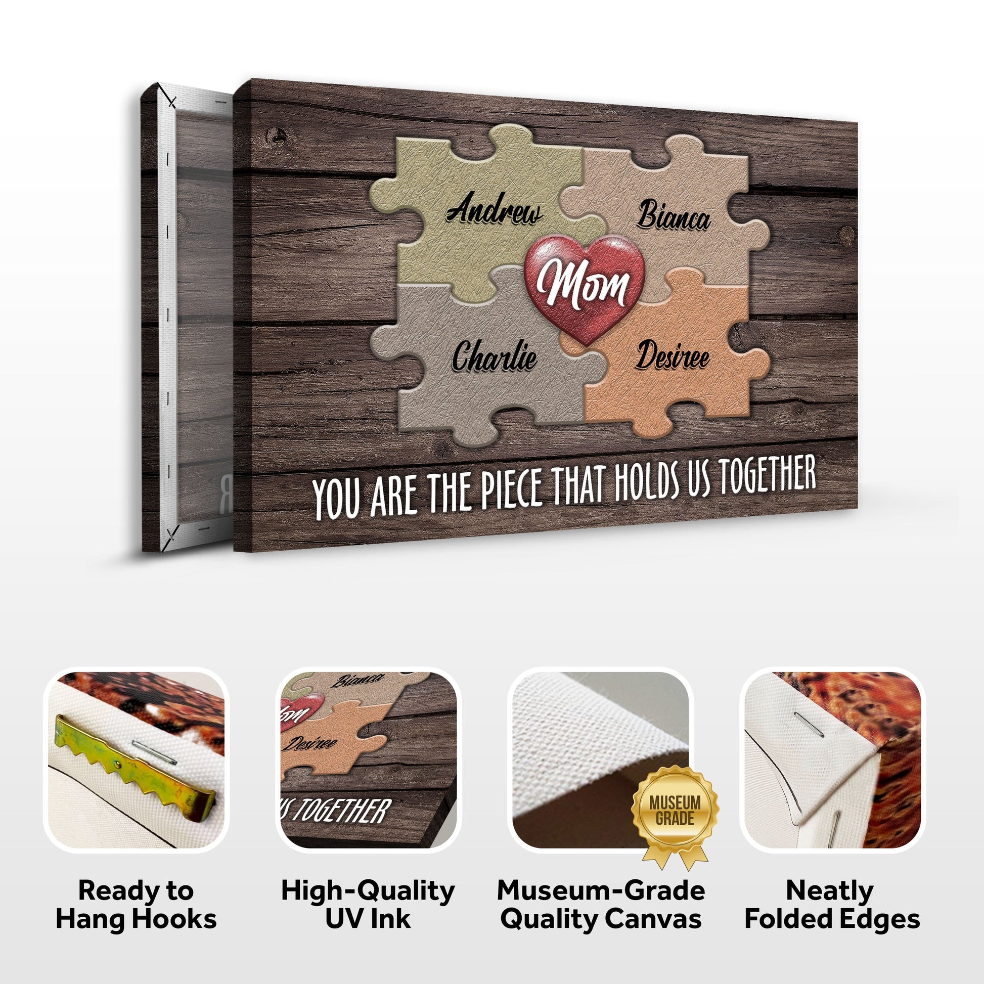 Mother's Day Sign II canvas with puzzle-piece design featuring a Mom heart on a wood backdrop on Tampa Home & Garden Store