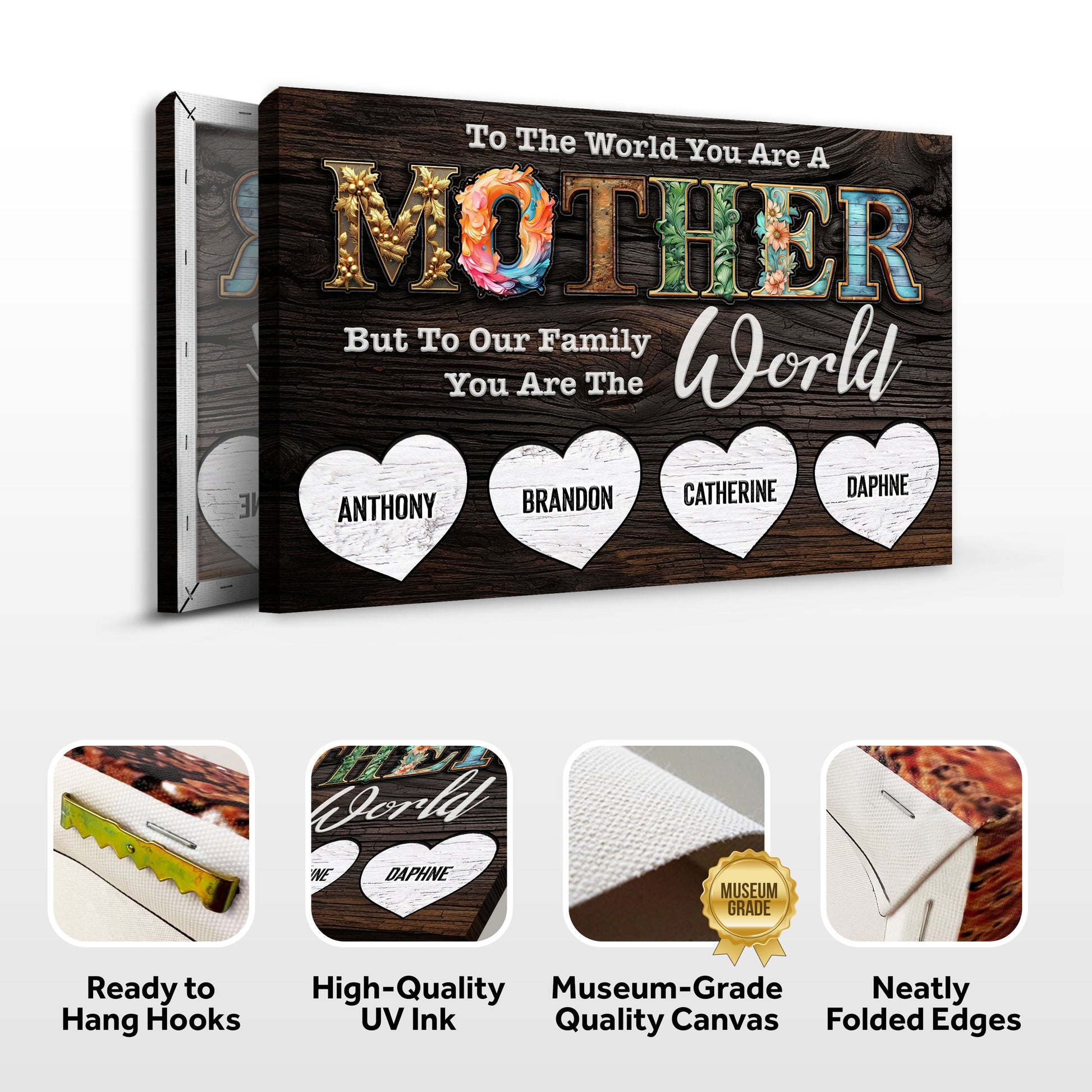 Canvas sign Tailored Canvases with colorful MOTHER lettering on wood backdrop on Tampa Home & Garden Store