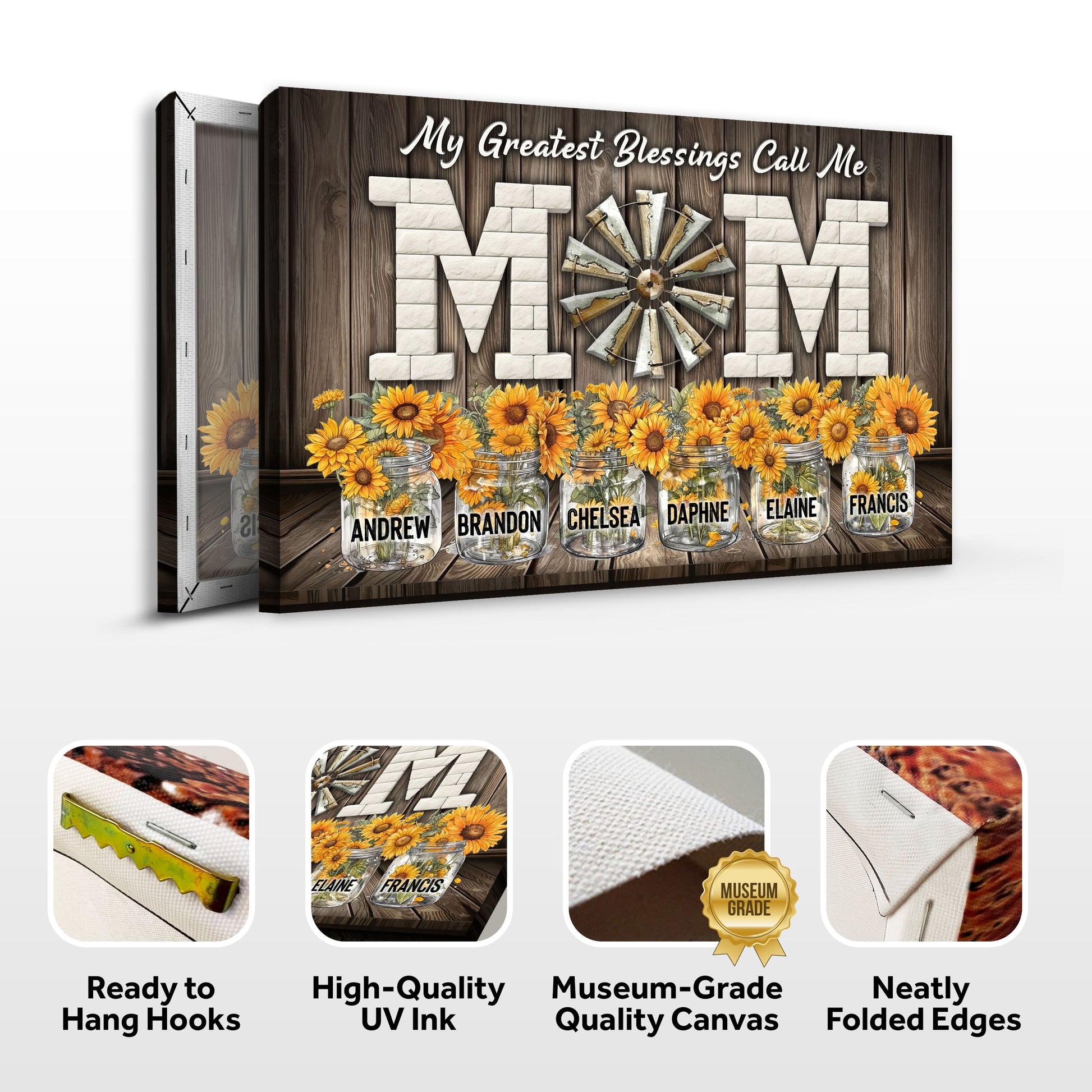 Mother's Day Blessings Call Me Mom canvas by Tailored Canvases; wood backdrop with MOM tiles on Tampa Home & Garden Store