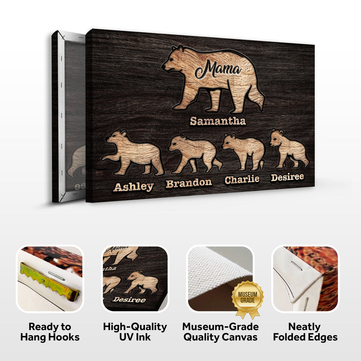 Mother Bear and Cubs canvas sign on dark wood-look background by Tailored Canvases on Tampa Home & Garden Store