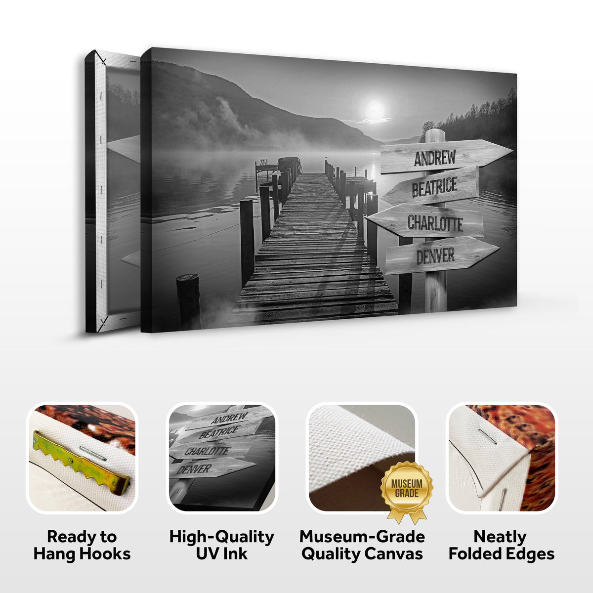 Canvas Family Names Lake Dock Sign in grayscale, four wooden name signs on a lakeside dock on Tampa Home & Garden Store