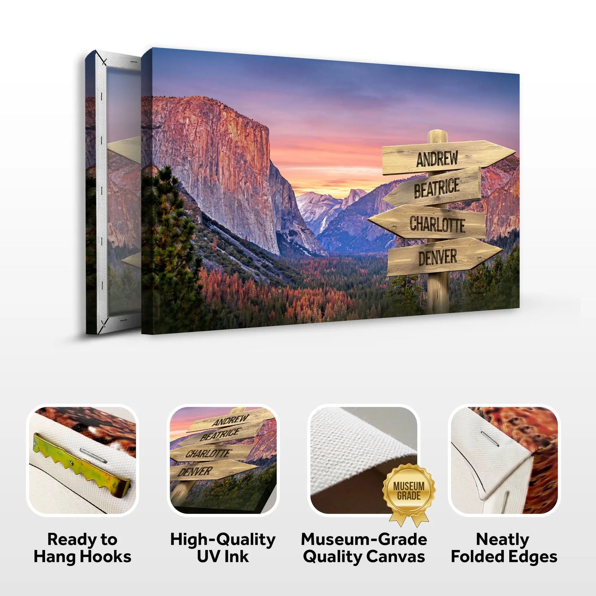 Yosemite Sunset Family Names Sign canvas by Tailored Canvases; 3-panel wooden signpost at sunset on Tampa Home & Garden Store