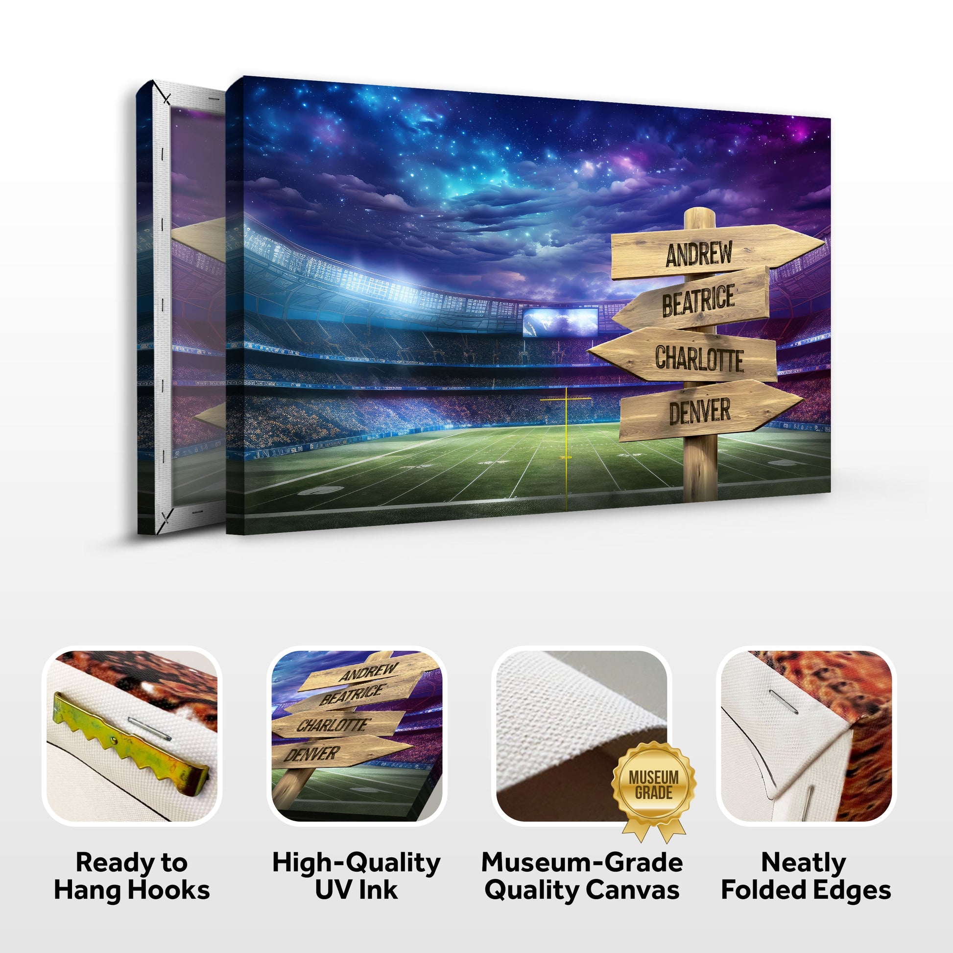 Football field names canvas by Tailored Canvases reading Andrew Beatrice Charlotte Denver on Tampa Home & Garden Store