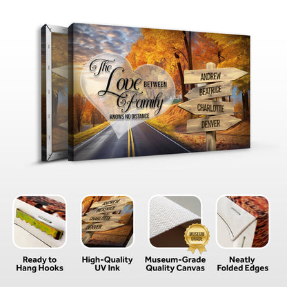 Love Between Family Sign canvas, three-panel autumn scene with wooden name boards on Tampa Home & Garden Store