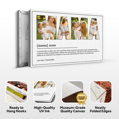 Canvas sign MAMA photo collage with cutout letters in a silver frame by Tailored Canvases on Tampa Home & Garden Store