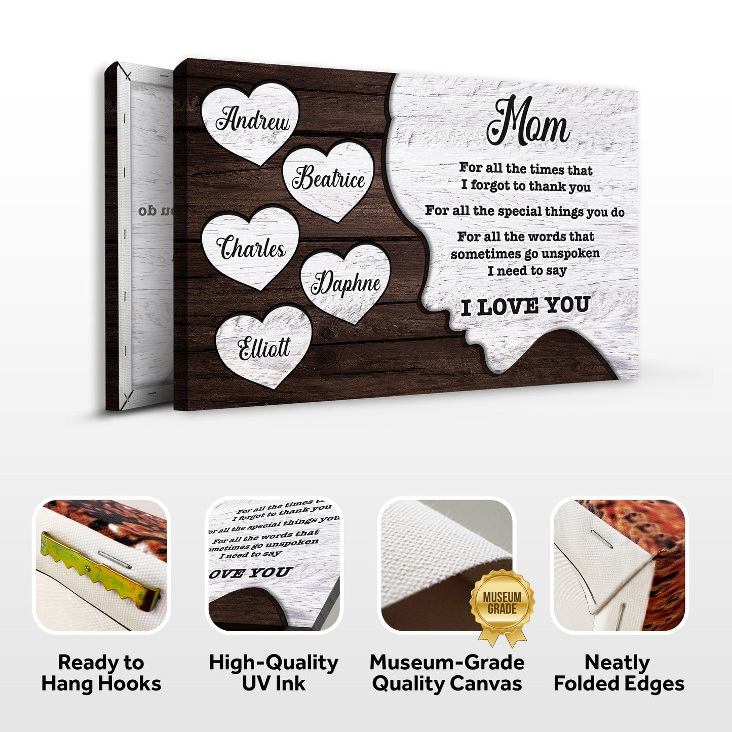 Mother's Day canvas sign with white-washed and dark wood panels, heart name tags and a Mom verse on Tampa Home & Garden Store