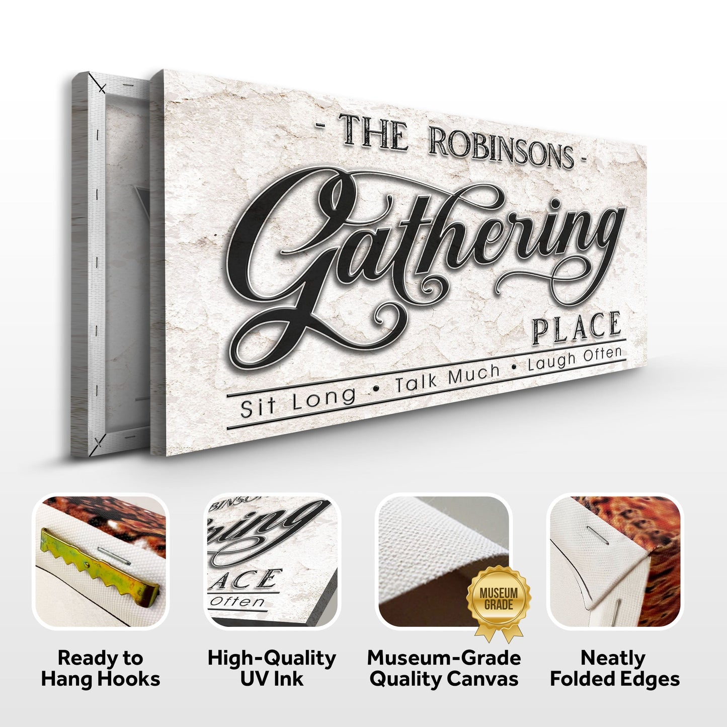The Gathering Place canvas sign with stone-texture backdrop and ornate script Gathering by Tailored Canvases on Tampa Home & Garden Store