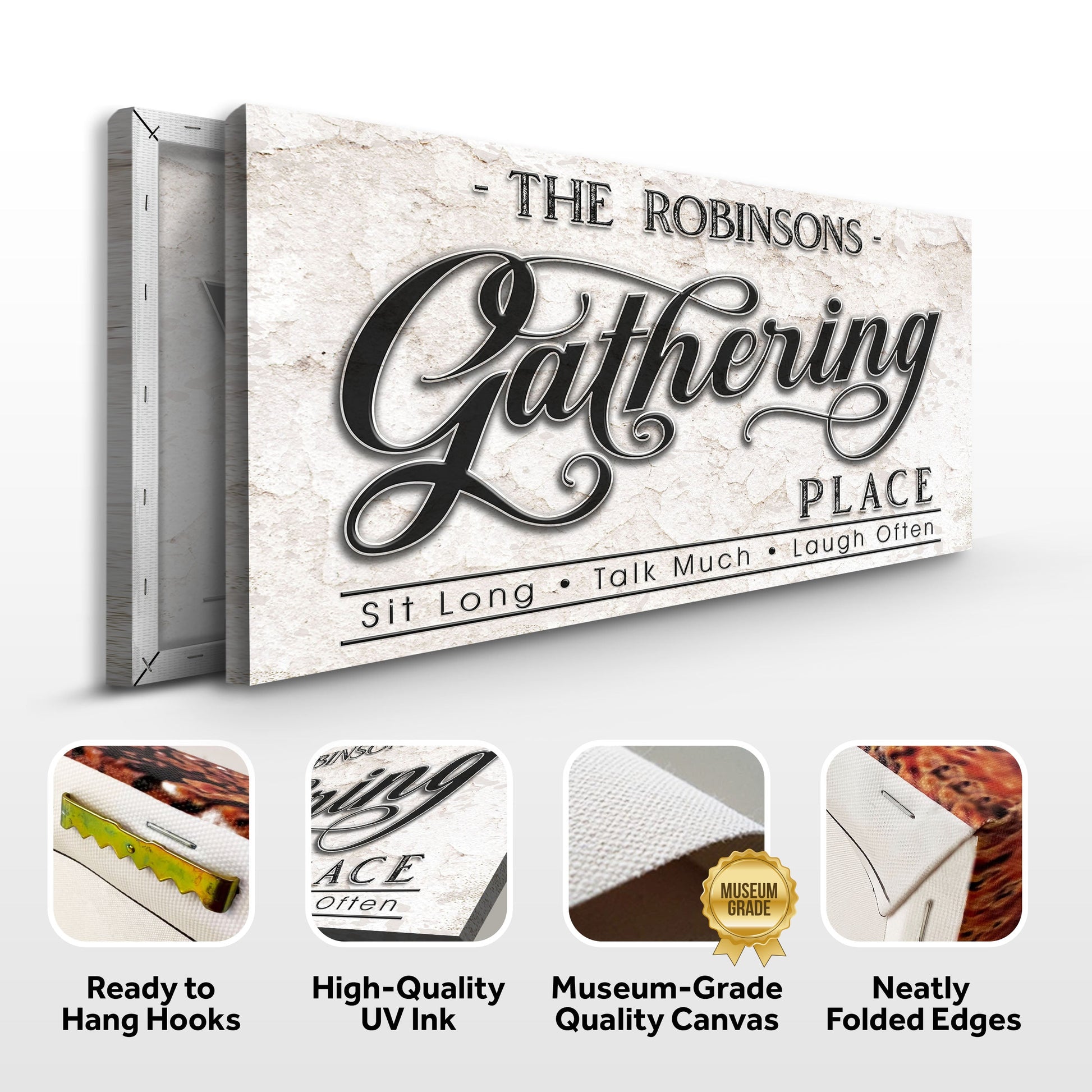 The Gathering Place canvas sign with stone-texture backdrop and ornate script Gathering by Tailored Canvases on Tampa Home & Garden Store