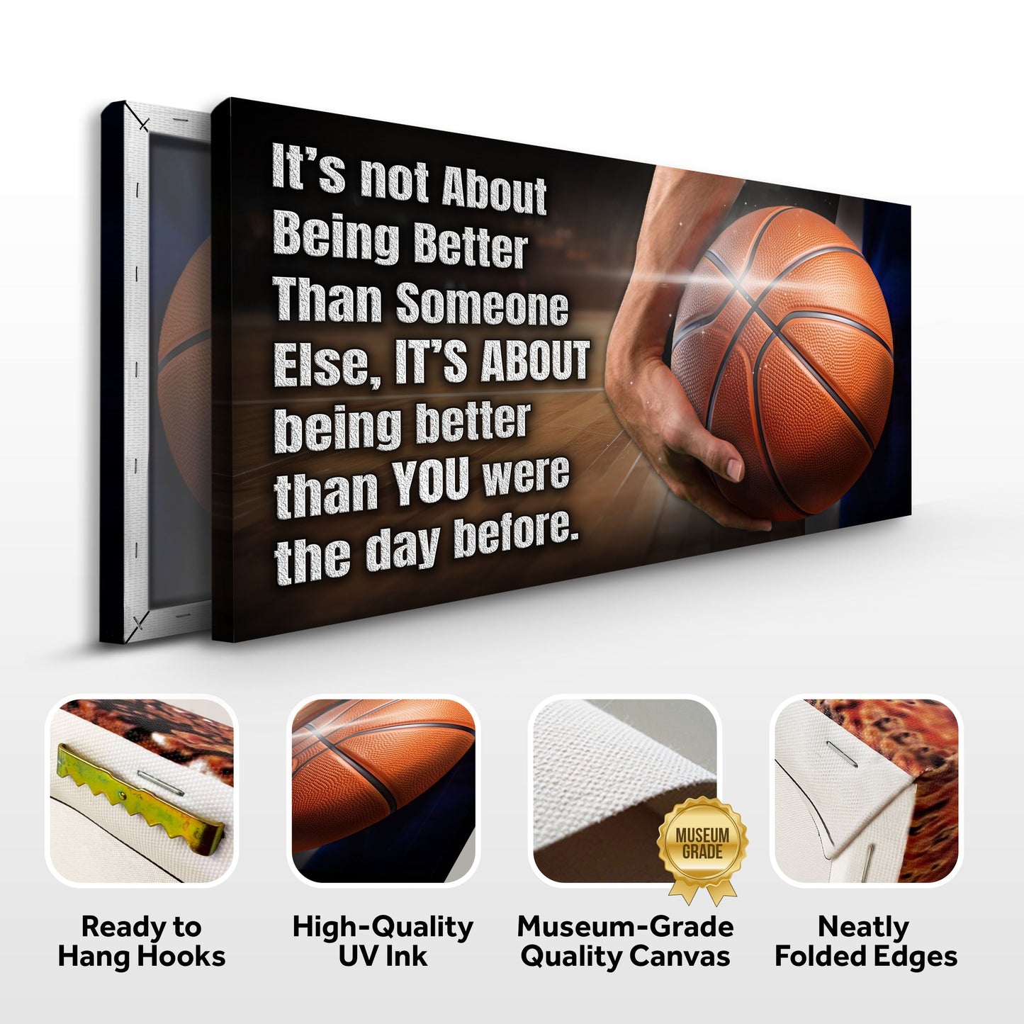 It's Not About Being Better Sports Quote Sign III canvas bold white letters on black with basketball on Tampa Home & Garden Store