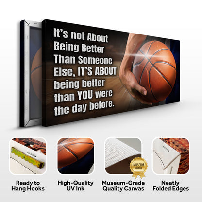 It's Not About Being Better Sports Quote Sign III canvas bold white letters on black with basketball on Tampa Home & Garden Store
