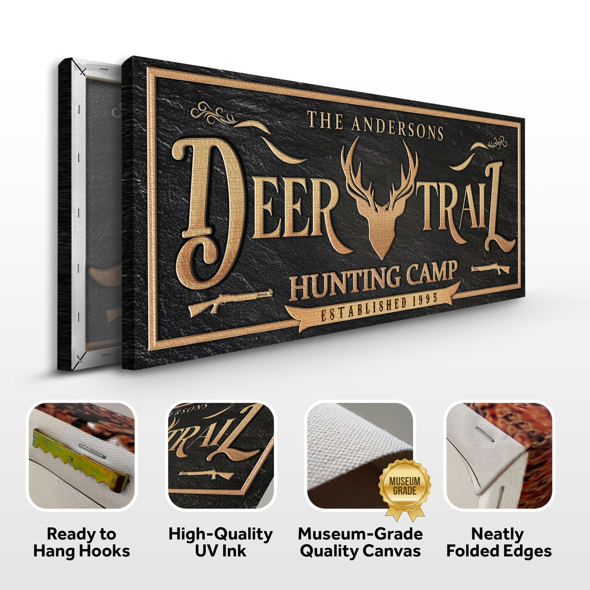 Personalized Deer Trail Hunting Camp Sign canvas, gold lettering by Tailored Canvases on Tampa Home & Garden Store